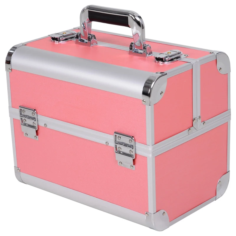 HOMCOM Aluminium Lockable Makeup Travel Organiser Case Pink