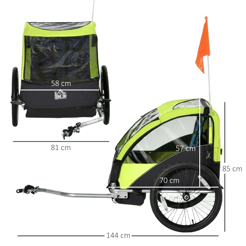 HOMCOM Child Bike Trailer Foldable 2-Seat Baby Transport Carrier with Storage Bag Five-point Safety Harness Hitch Coupler Green