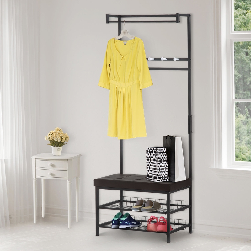HOMCOM 5 Hook Metal Rail Hallway Coat Hanger w/ 2-Tier Shoe Bench Black