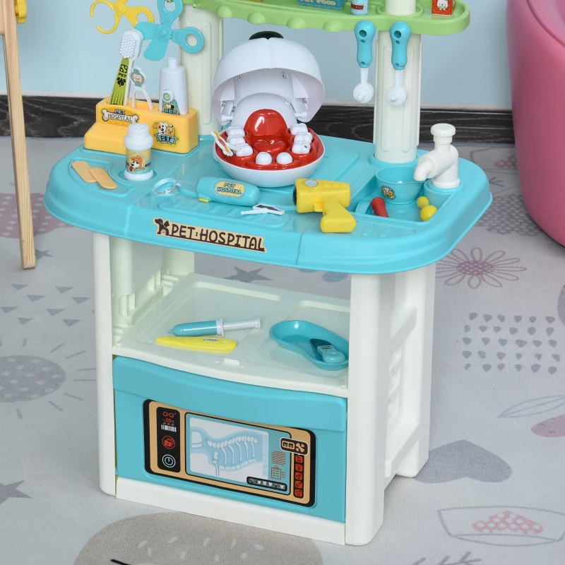 HOMCOM 43 Pcs Kids Children Vet Dentist Hospital Playset w/ Lights Water Tap Plastic Teeth Accessories Medical Toy Centre Pet Doctor Kit