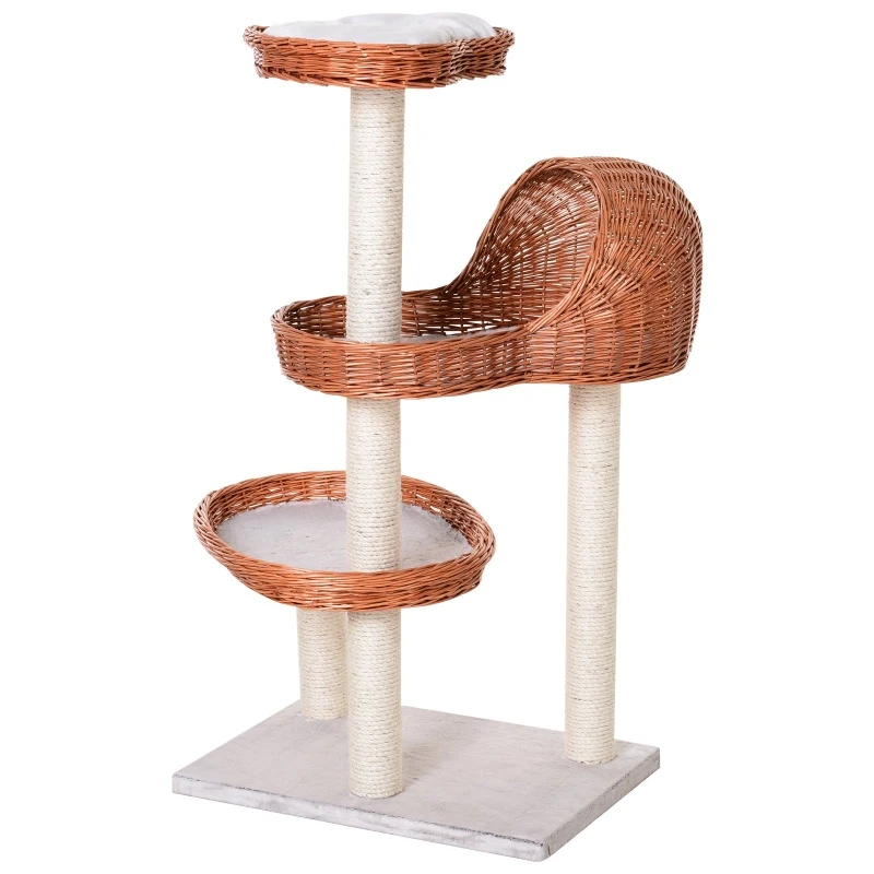 PawHut 4 Tier Cat Tree for Indoor Cats Activity Center Willow Platforms Kitty Scratcher Play Tower Toy Condo 110 cm