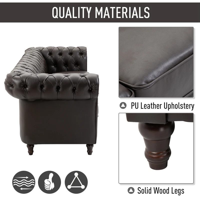 HOMCOM Tufted PU Leather 3-Seater Sofa on Solid Wood Legs Dark Brown