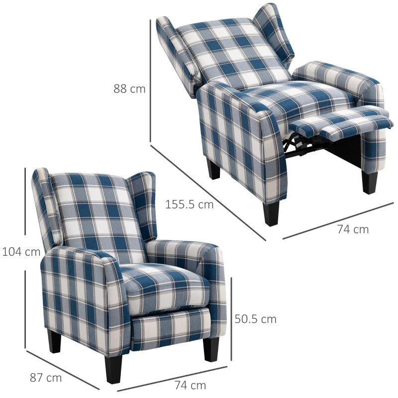 HOMCOM Plaid Reclining Armchair w/ Wood Frame Footrest Padding Ergonomic Metal Base Home Furniture Stylish Bedroom Living Room Blue
