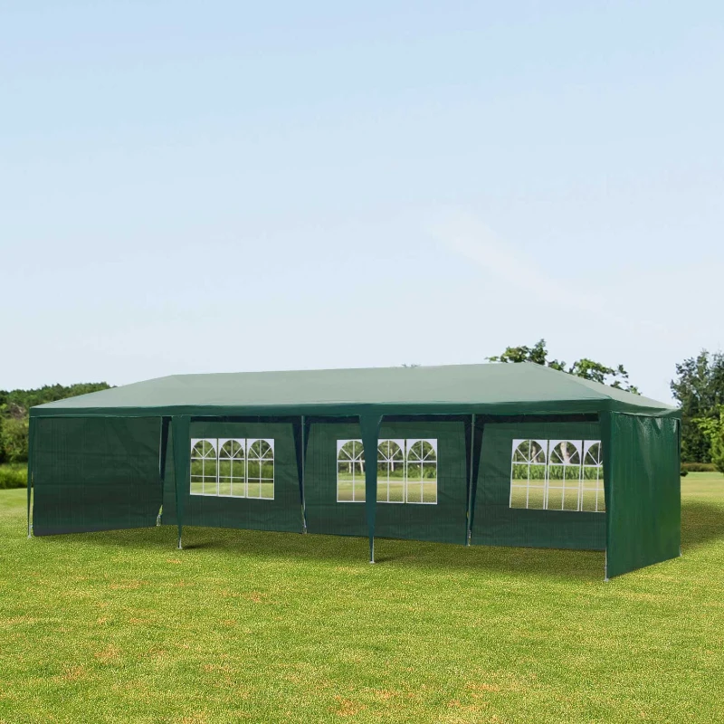 Outsunny 9 x 3 m Party Tent Gazebo Marquee Outdoor Patio Canopy Shelter with Windows and Side Panels Deep Green