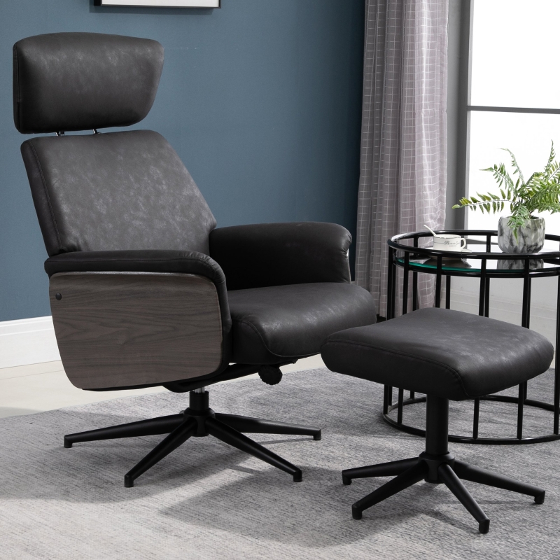 HOMCOM Polyester Reclining 360 Swivel Armchair w/ Footstool Black 