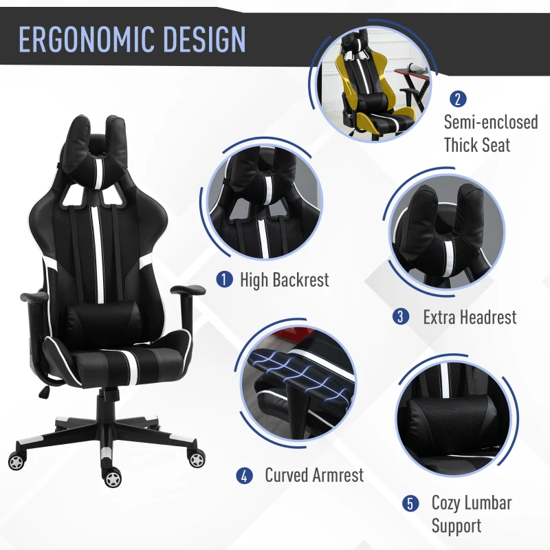 Vinsetto Racing Gaming Chair Adjustable Height W/ Headrest and Lumbar Support - White/Black