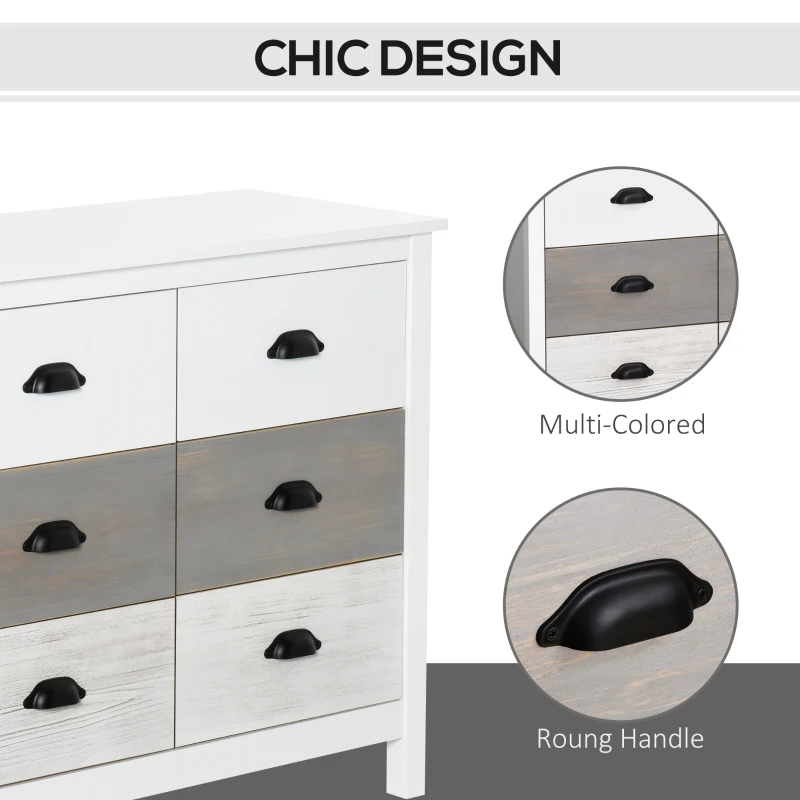 HOMCOM Chest of Drawers, Storage Cabinet, Sideboard Home Organizer 6-Drawer Unit Tower with Round Handle for Bedroom, Living Room, White Grey