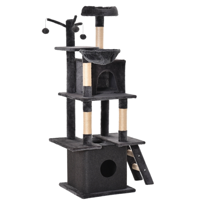 PawHut 50L x 50W x 155H cm Cat Tree Tower Activity Center with Hanging Ball Toy Hammock Ladder Double Condo
