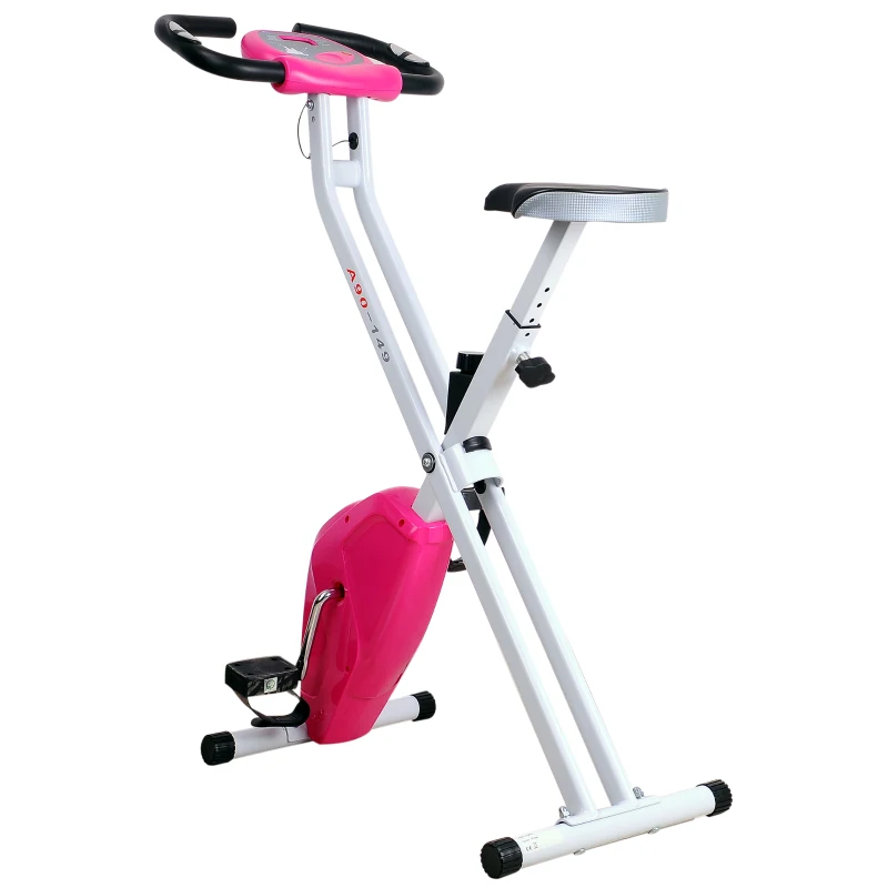 HOMCOM Folding Exercise Bike LCD Monitor Home Gym Exercise Adjustable Tension Padded Seat Heart Rate Monitor Pulse Sensor Pink