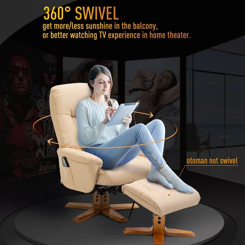 HOMCOM 10-Point Massage Sofa Armchair Chair PU Leather W/ Footrest Stool Heat Recliner Beige