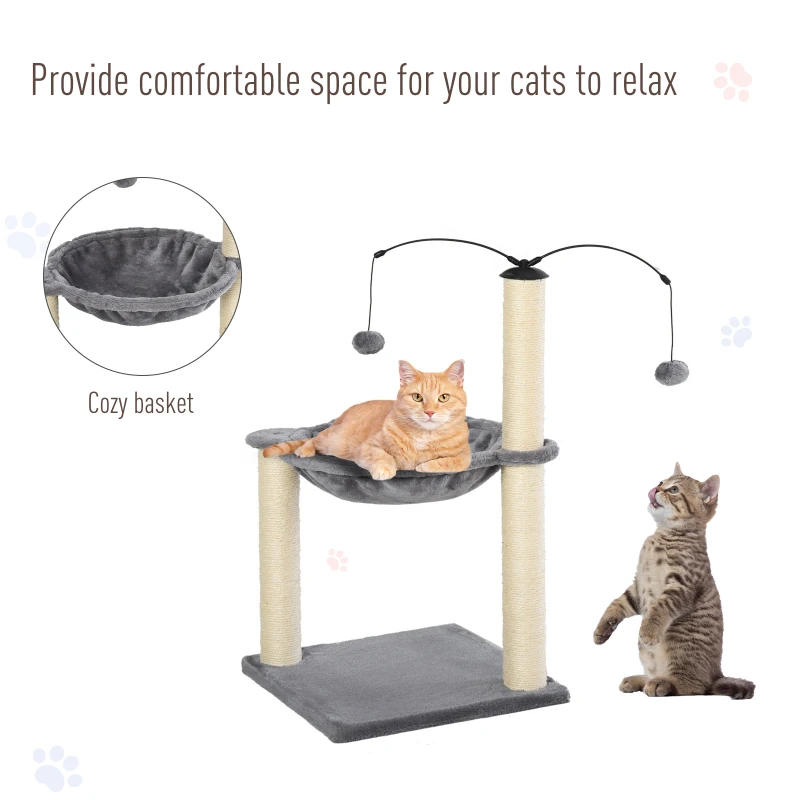 PawHut 83cm Cat Tree Tower for Indoor Cats with Sisal Scratching Post Hammock Cat Play House Dangling Ball Kitten Activity Center Furniture Grey