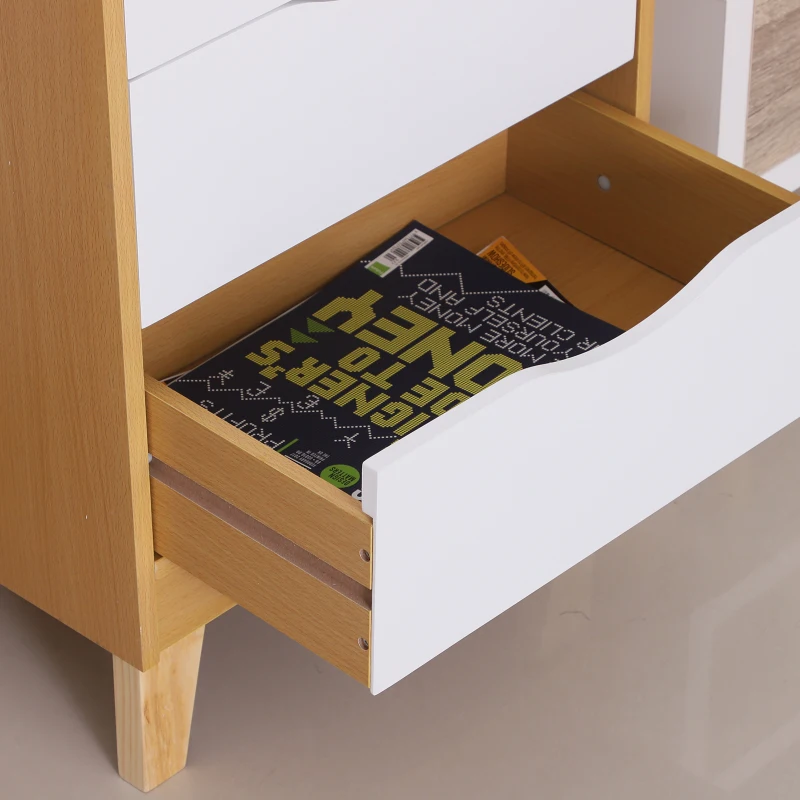 HOMCOM Scandinavian Style Bedside Table W/ 4 Drawers, 48Lx40Dx88H cm-Natural Wood/White Colour