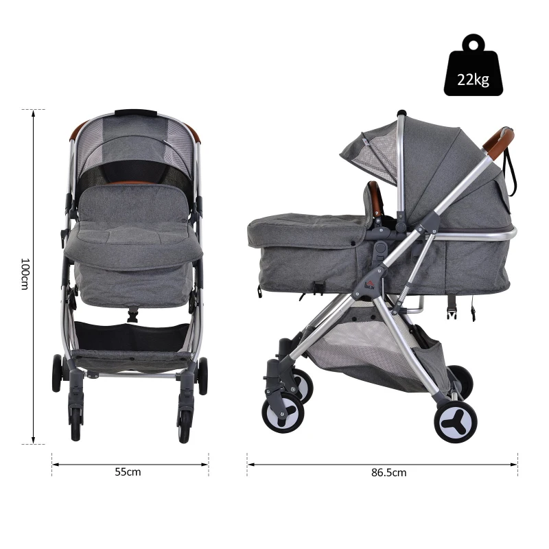 HOMCOM Aluminium Alloy Adjustable & Folding Baby Stroller Grey