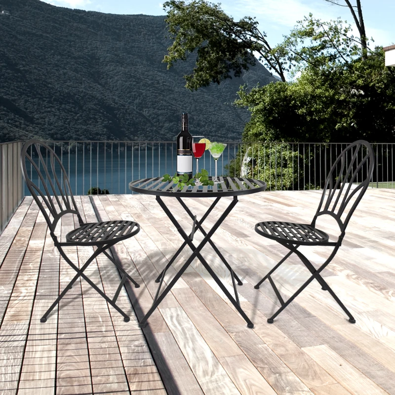 Outsunny Garden Metal Bistro Set 2 Folding Chair 1 Table Outdoor Furniture Black
