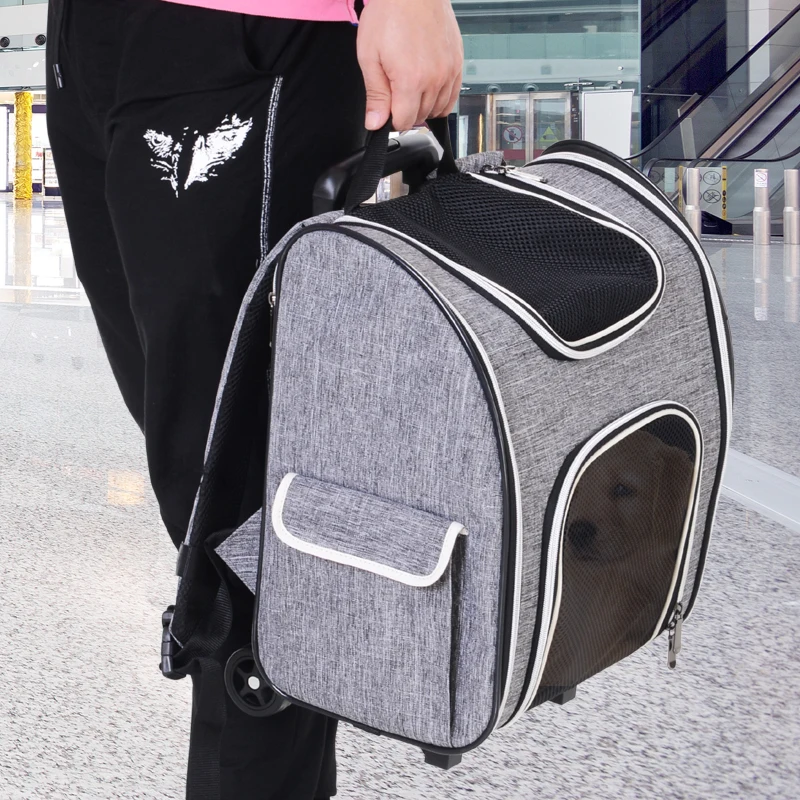 PawHut Pet Travel Trolley Suitcase Airline Suitable Carrier Backpack w/ Mesh Window Wheels and Padded Floor Grey