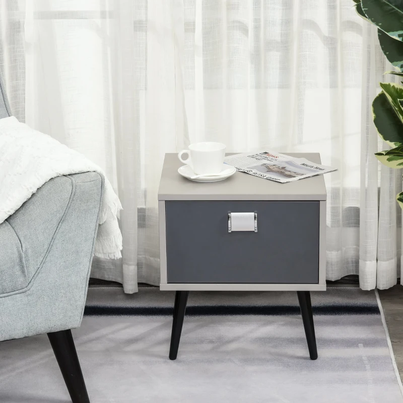 HOMCOM Retro Bedside Storage Table Stylish Nightstand Table w/ Drawer Metal Handle Legs Accent Bedroom Home Living Furniture Desk Grey