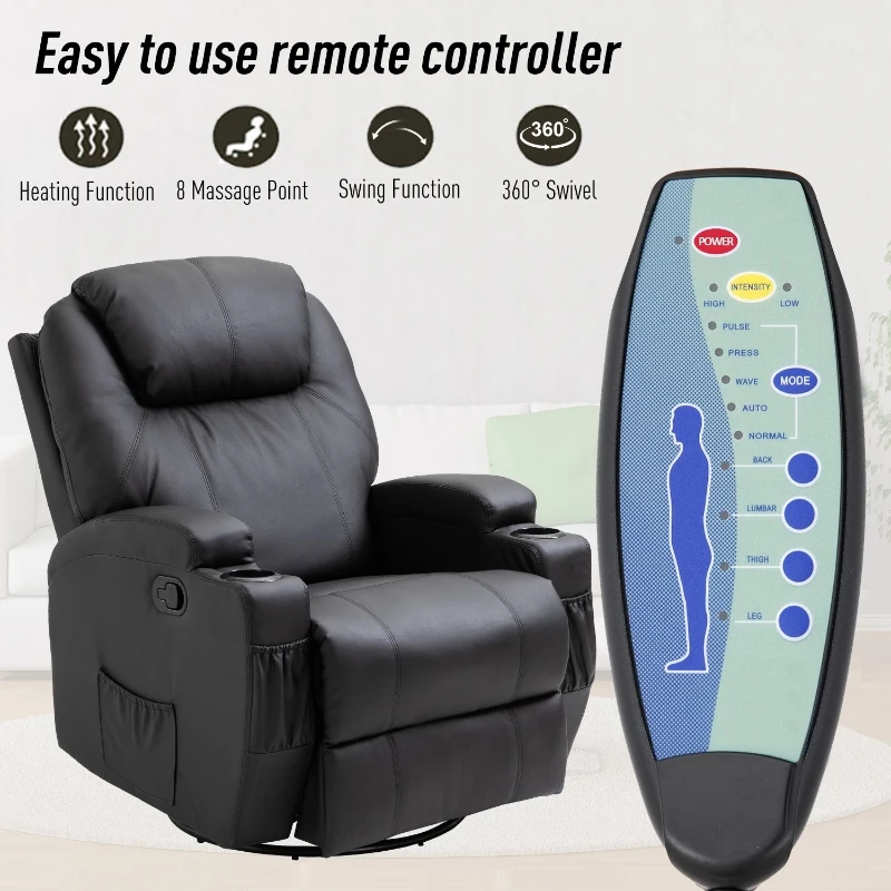 HOMCOM Luxury Leather Recliner Sofa Chair Armchair Cinema Massage Chair Swivel Heated Nursing Gaming Chair Black