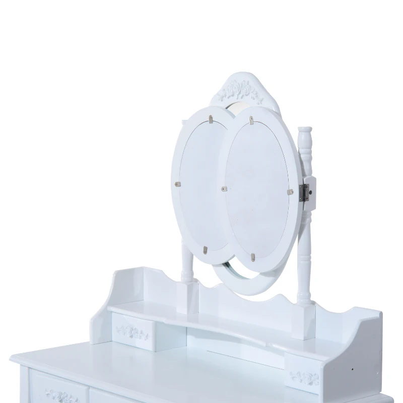 HOMCOM Shabby Chic Dressing Table Jewelry Cosmetic Vanity Set Makeup Dresser 7 Drawers 2 Dividers White w/ 3 Mirrors & Stool
