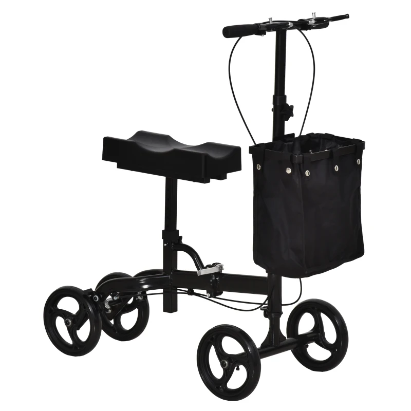 HOMCOM Metal Foldable Medical Knee Rest Rollators Walker Scooter W/ Storage Basket Black