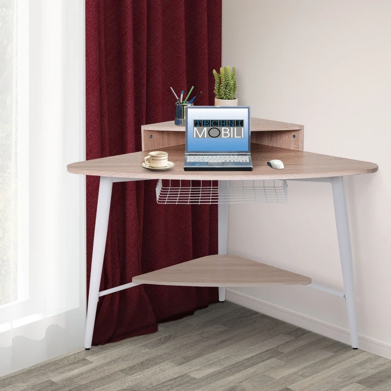 HOMCOM Corner Home Office Computer Desk w/Mesh Basket Oak