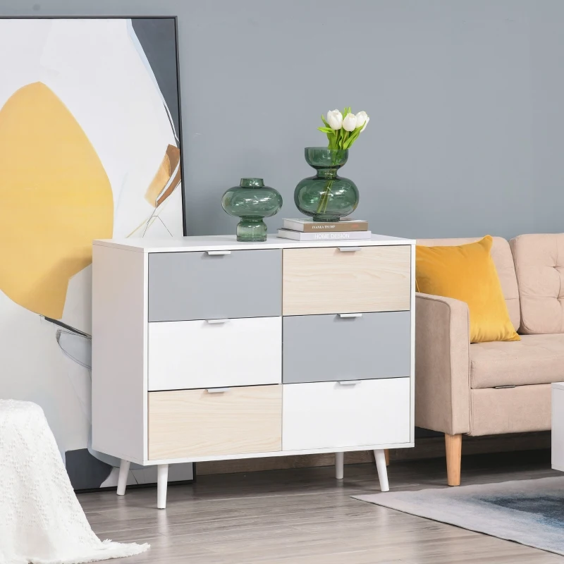 HOMCOM Chest Of Drawers Storage Cabinet Sideboard Dresser w/ 6 Drawers, Wood Legs Metal Handle Bedroom Hallway Living Room Furniture