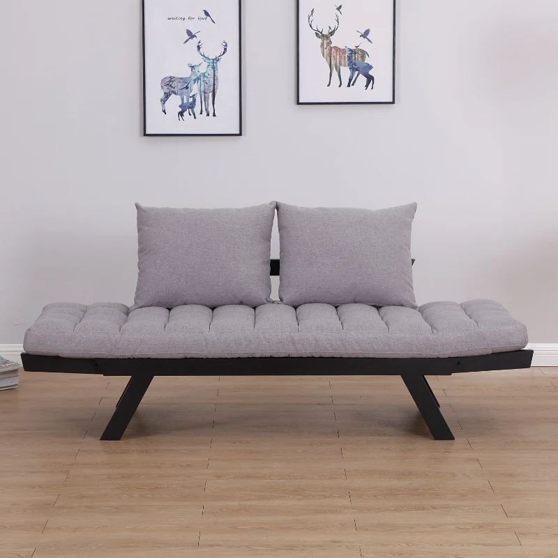 HOMCOM Sofa Bed Chaise Linen Lounge Leisure Foldable Convertible Wood Pillow-Grey