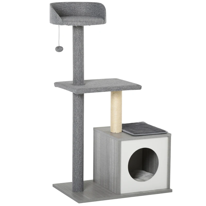 PawHut Cats Particle Board 3-Tier Scratching Tree House Grey