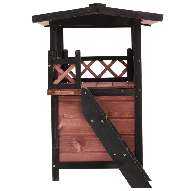 PawHut Wooden Cat House Outdoor Luxury Room Weatherproof Shelter with Balcony and Stair Puppy Garden Large Kennel Brown