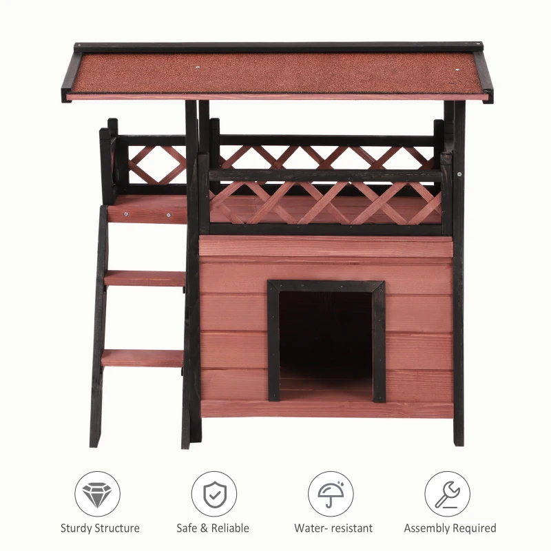 PawHut Wooden Cat House Outdoor Luxury Room Weatherproof Shelter with Balcony and Stair Puppy Garden Large Kennel Brown