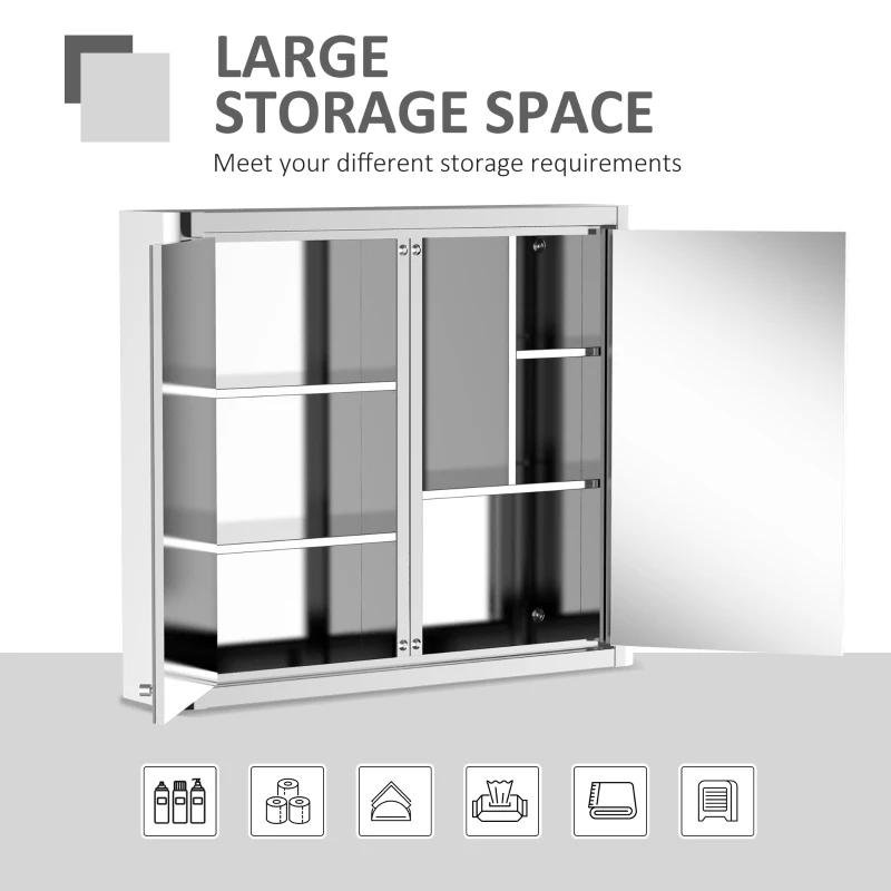 kleankin 7 Compartment Mirrored Bathroom Storage Cabinet On-Wall Steel Frame w/ 2 Doors Double Reflection Shelves Home Vanity Silver Tone