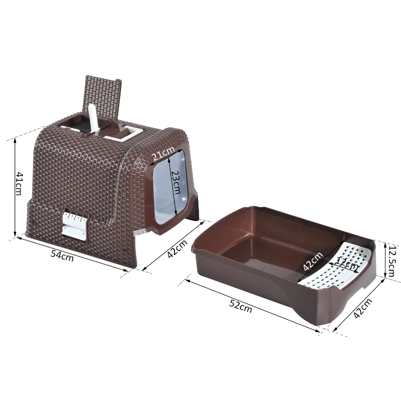 PawHut Cat Litter Tray Kitten Enclosed Box with Hood Scoop Storage Handle Litter Bag Mat, Coffee, 54 x 42 x 41 cm