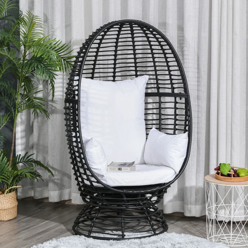 Outsunny 360° Swivel Egg Chair, Garden Rattan Swivel Chair with Thickened Cushion and Pillow, 150 KG Capacity for Indoor Outdoor, Balcony, Patio, Black