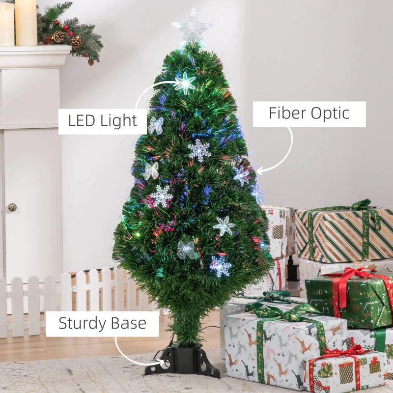 HOMCOM 4FT Prelit Artificial Christmas Tree Fiber Optic LED Light Holiday Home Xmas Decoration Tree with Foldable Feet, Green