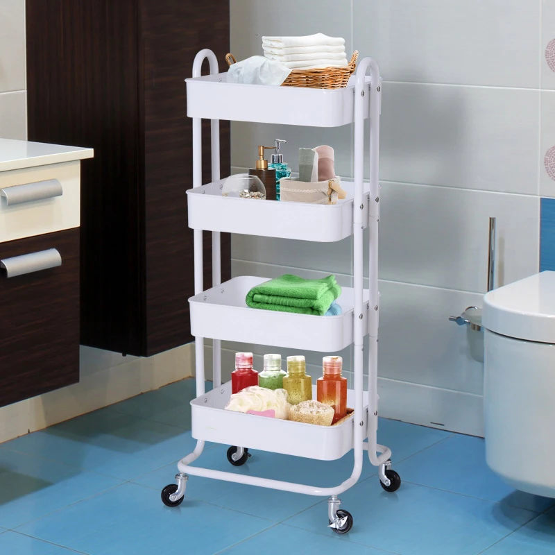 HOMCOM Metal 4-Tier Mobile Storage Serving Trolly Rolling Utility Cart Organiser Kitchen Mesh Bottom White