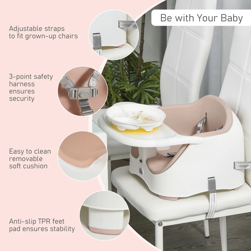 HOMCOM Baby Booster Seat for Dining Portable Toddler Feeding Chair  w/ 3 Point Harness Strap Height Adjustable Removable Cushion Detachable Tray Non-Slip Feet Pink