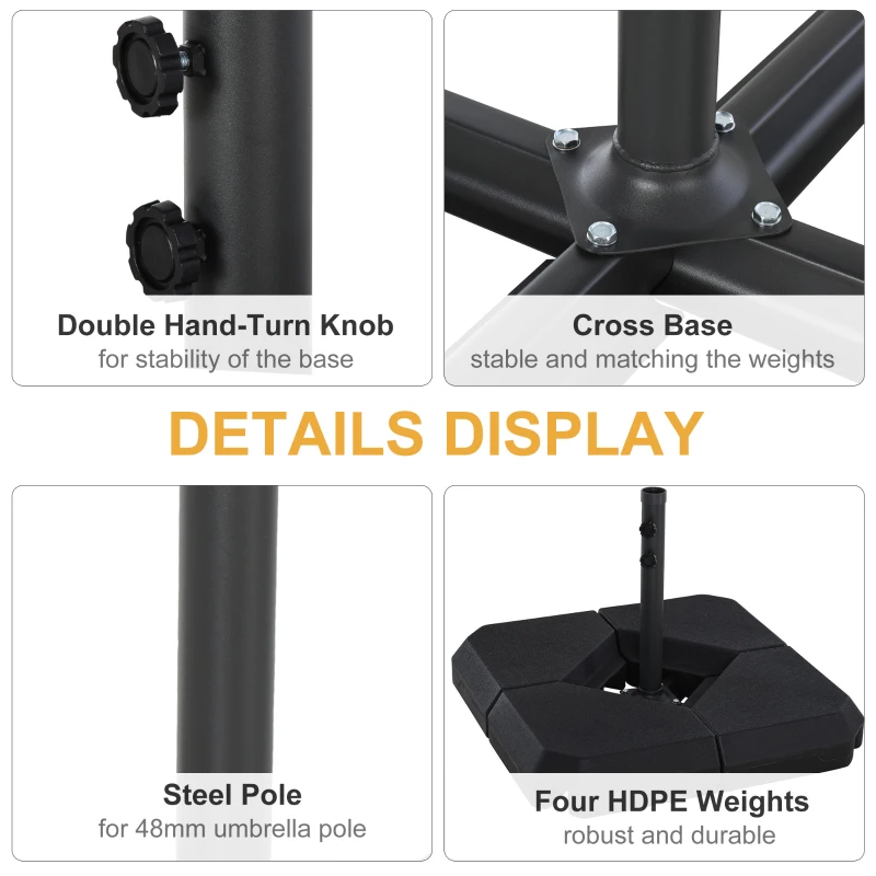 Outsunny Umbrella Stand Fitting 2" Poles and Steel Base with 4 Fillable Plastic Weights, 4 Gal. Capacity Each - Black