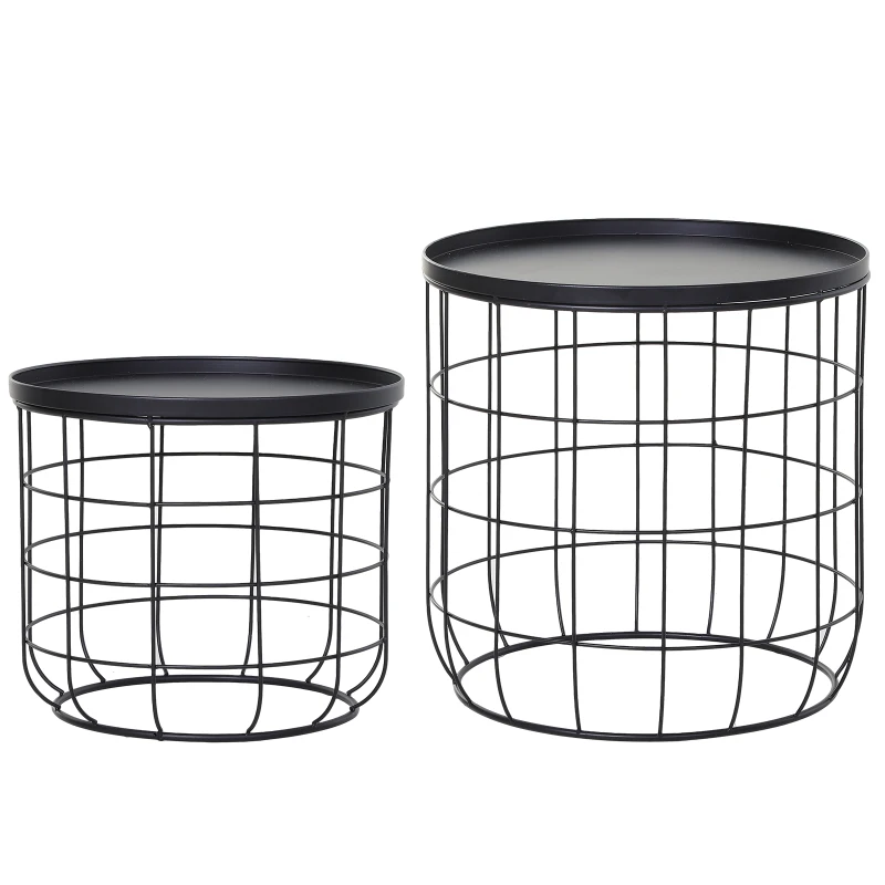 Outsunny Set of 2 Nesting Wire Coffee Side Tables Geometric Design Round for Storage Stacking Home Furniture Modern Decoration - Black