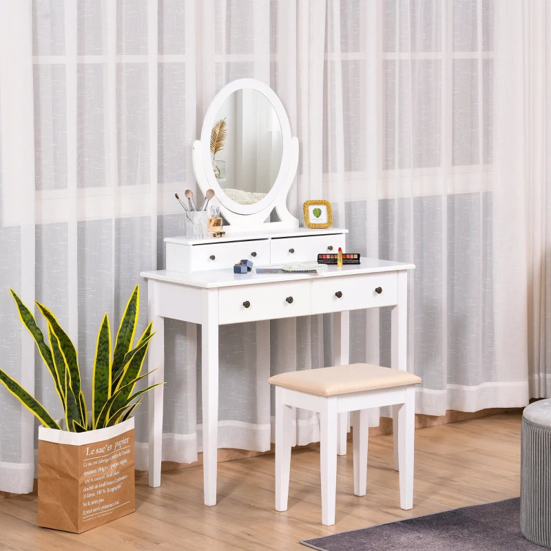 HOMCOM 4-Drawer Dressing Table & Stool Set w/ Moving Mirror Cushioned Seat Wood Legs Oval Makeup Vanity Dresser Desk White