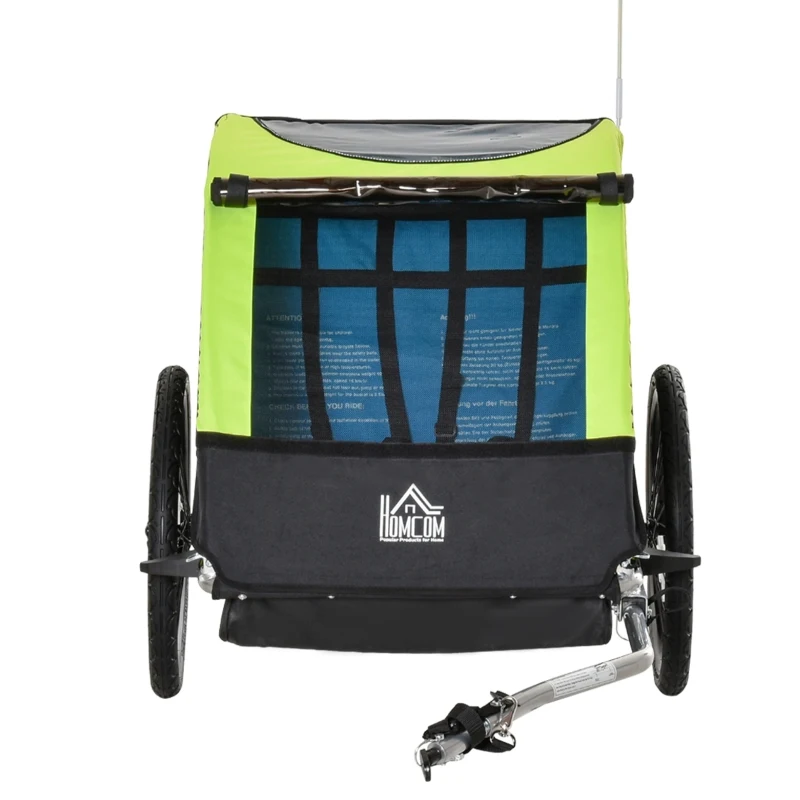 HOMCOM Child Bike Trailer Foldable 2-Seat Baby Transport Carrier with Storage Bag Five-point Safety Harness Hitch Coupler Green