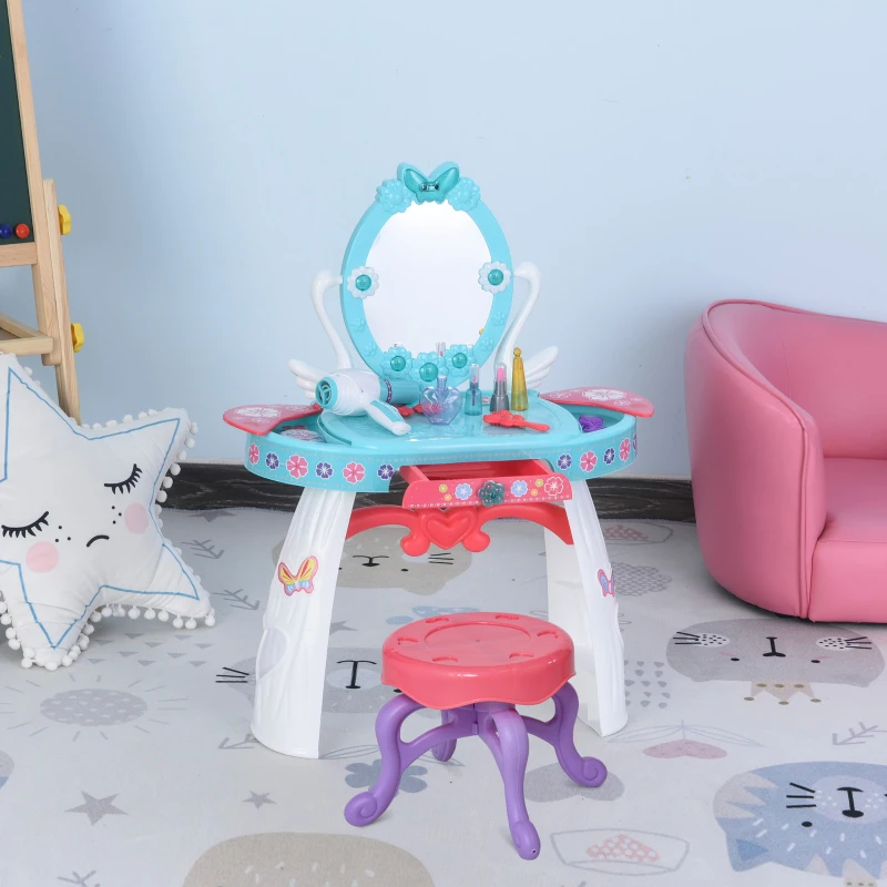 HOMCOM Kids Pretend Vanity Table Stool Beauty Pretend Princess Dressing Table Play Set with Mirror Lights Music & Makeup Accessories for Girls 3 Years Old Blue