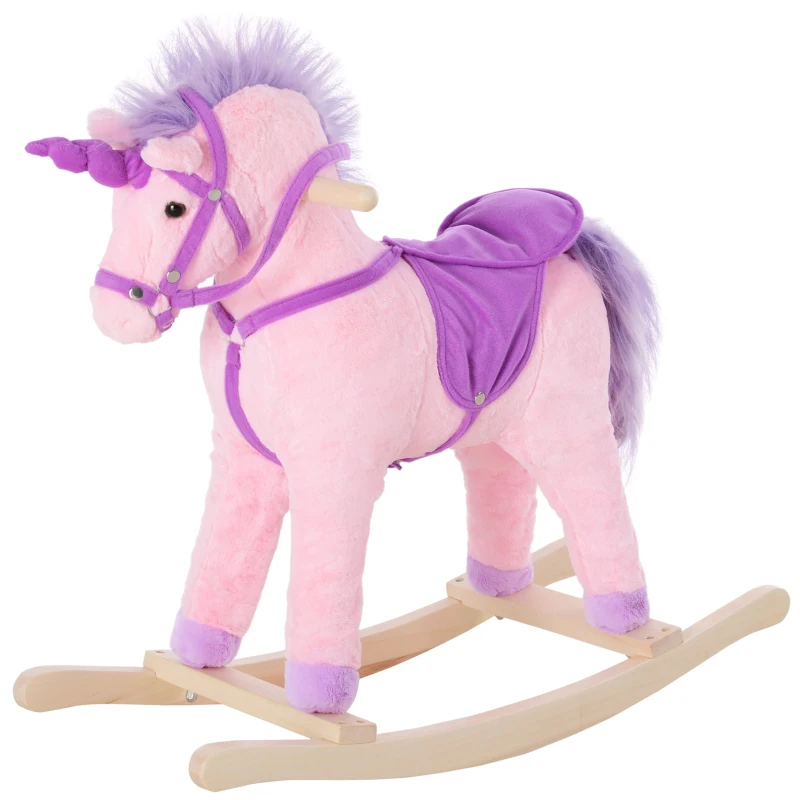 HOMCOM Kids Plush Rocking Horse Unicorn Neigh Button Wooden Base Ride On Toy Rocker with Handle Grip Traditional Toy Fun Gift for Age 3+