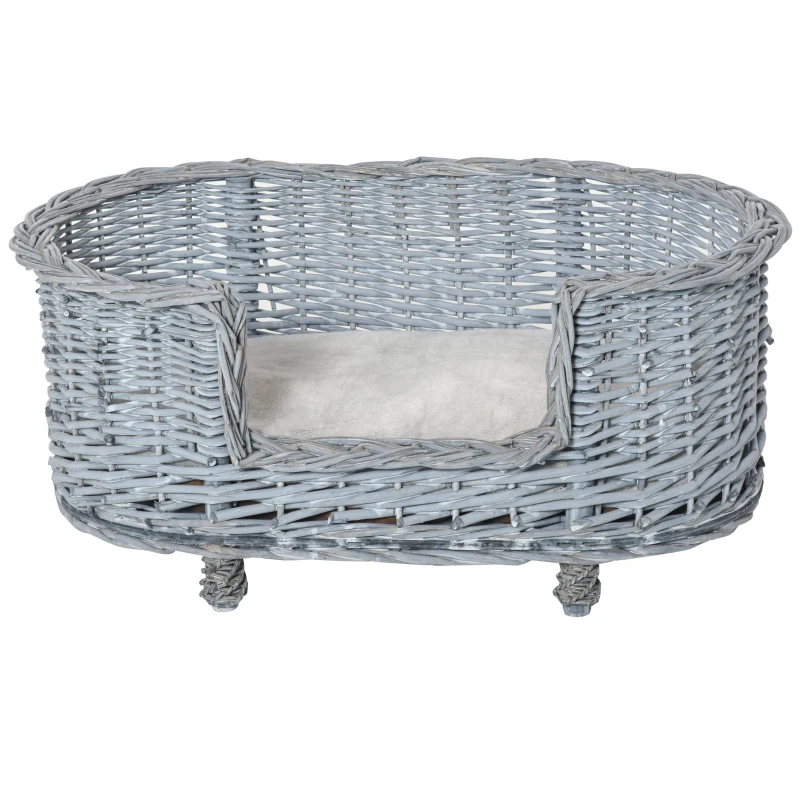 PawHut 70x40cm Woven Wicker Dog Bed Basket Pet Cat Sofa w/ Cushion Elevated Base Stylish Furniture Small Grey