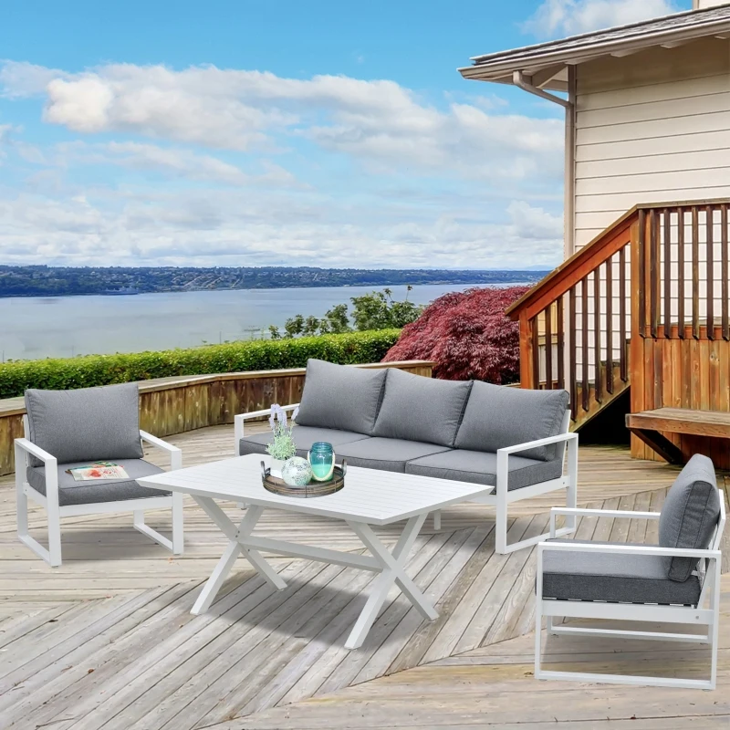 Outsunny 4-Piece Garden Furniture Set Outdoor Patio Dining Table with Cushioned Seat Chairs 5-Seater All-Weather Aluminum Frame