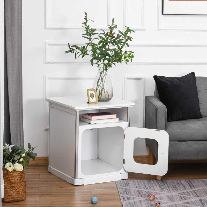 PawHut Wooden Cat Litter Box Enclosure Washroom Cave House Decorative End Table Cabinet Indoor with Magnetic Door White