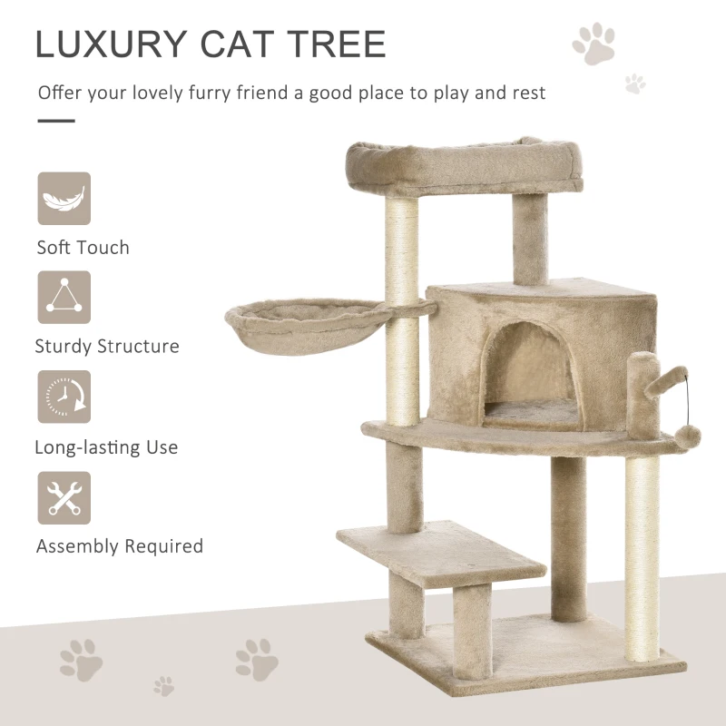 PawHut Cat Tree Tower for Indoor Cats 100cm Climbing Kitten Activity Centre with Sisal Scratching Post Perch Roomy Condo Hammock Bed Hanging Toy, Brown