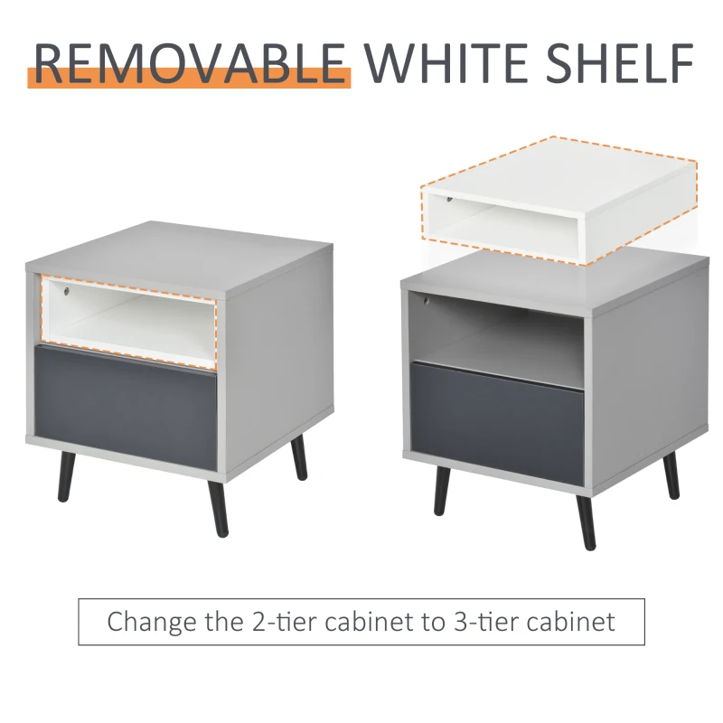 HOMCOM 2-Tier Bedside Table Storage Cabinet w/ Removable Shelf Metal Legs Drawer Versatile Storage Organiser Stand Study Bedroom Living Room
