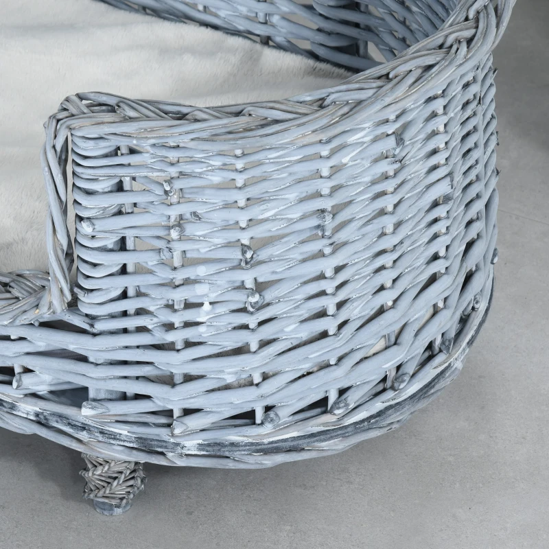 PawHut 70x40cm Woven Wicker Dog Bed Basket Pet Cat Sofa w/ Cushion Elevated Base Stylish Furniture Small Grey
