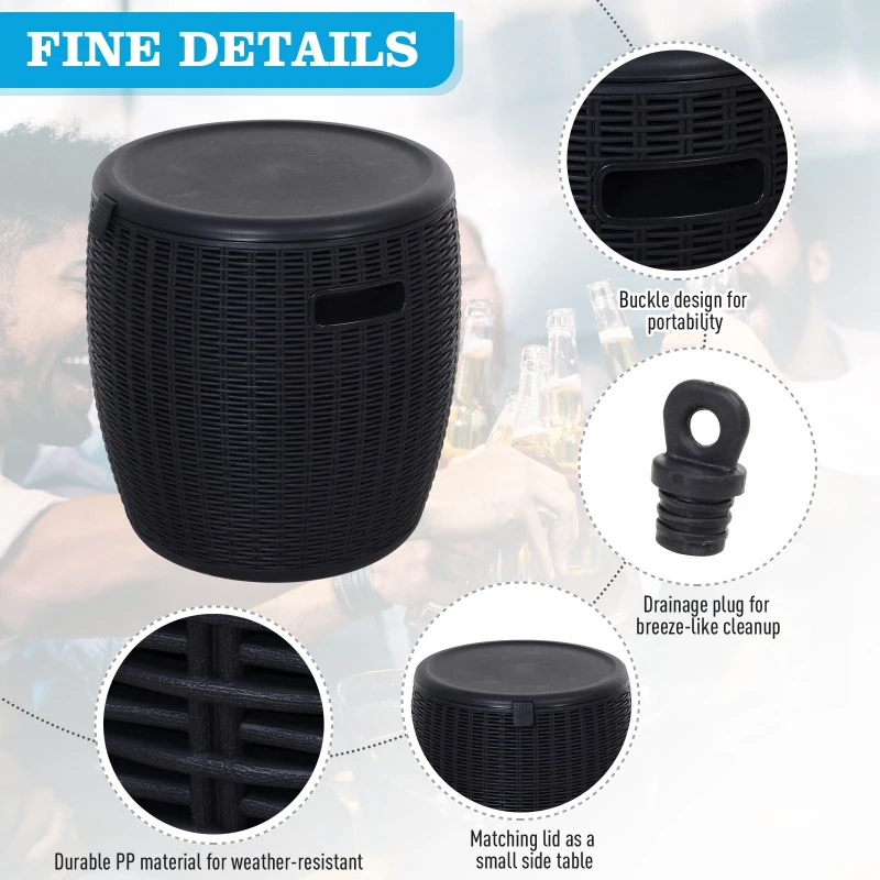 Outsunny 45L Outdoor Patio Rattan Effect Cooler Wicker Knit Round Stool Bar Table Garden Furniture Bucket - Black