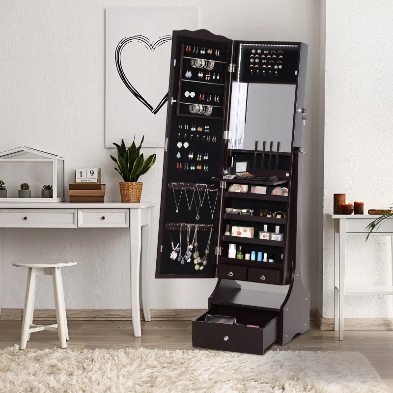 HOMCOM Freestanding Storage Mirror Full Length Jewellery Make Up Perfume Organisation w/ Bottom Drawer Lock LED Lights 150x45cm Brown