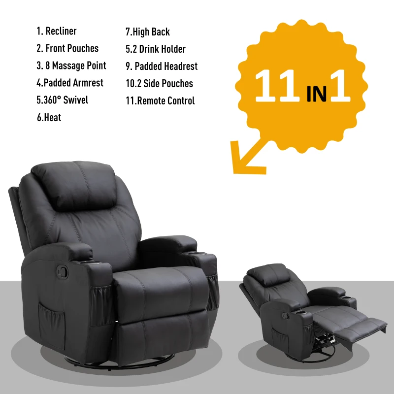HOMCOM Luxury Leather Recliner Sofa Chair Armchair Cinema Massage Chair Swivel Heated Nursing Gaming Chair Black